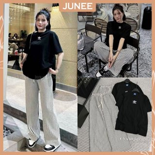 Set Bộ Đồ Nữ Áo Phông DAS Logo Ngực Chất Cotton Mix Quần Dài Suông Kẻ Sọc Xốp Dáng Rộng Freesize