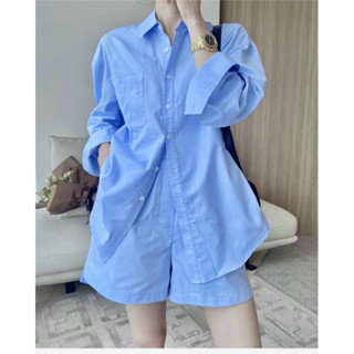Set đồ nữ áo sơmi và quần short Tiehouse tone màu xanh và hồng - bộ đồ nữ sơmi và quần đùi
