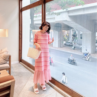 Váy maxi đuôi cá đi biển dáng dài kẻ ngang chất đũi xốp phối voan tơ thời trang ba màu