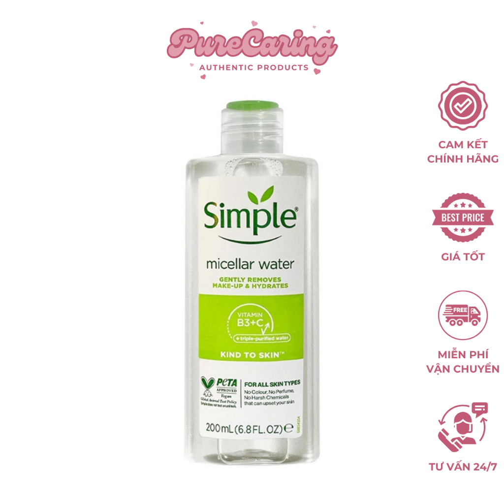 Nước Tẩy Trang Simple Micella 200ml Không Chứa Cồn - Tẩy Trang Simple Làm Sạch, Cấp Ẩm Cho Da