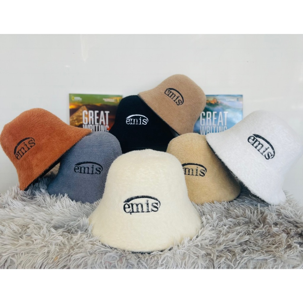 Mũ Nón Bucket Lông Thỏ Thêu Chữ GELINE - EMIS Thời Trang Lông Mềm Mịn Giữ Ấm Thu Đông Trẻ Trung Hàn 