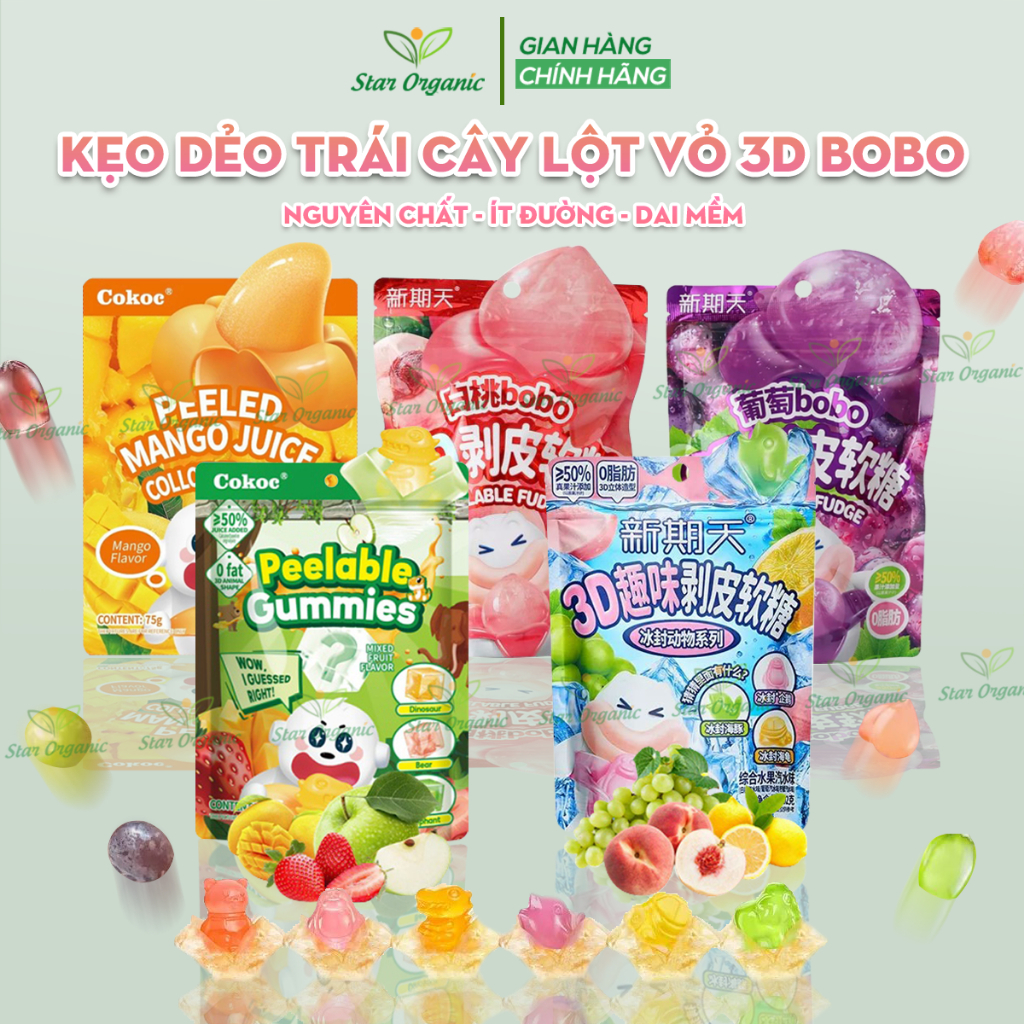Kẹo Dẻo Trái Cây Lột Vỏ 3D BOBO Ít Đường 75gr