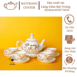 (9 MẪU) Bộ ấm chén pha trà Bát Tràng-men Trắng vẽ Vàng:Hoa Sen các mẫu,…dáng Đài Các