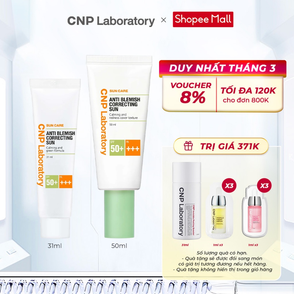 Bộ kem chống nắng giảm mẩn đỏ cho da mụn CNP Anti Blemish Correcting Sun SPF50+/PA+++