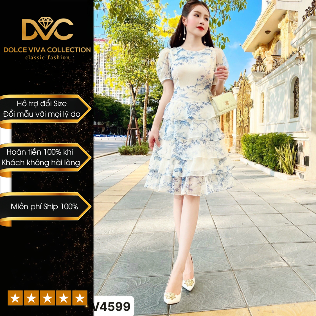 Váy đầm thiết kế voan lá xanh cổ tròn 5 tầng đi làm đi chơi đi tiệc V4599- DVC