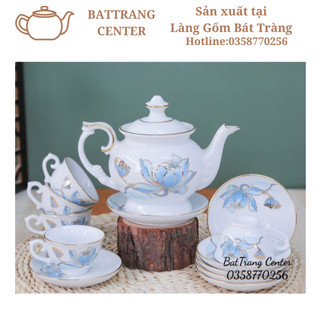 (8 MẪU) Bộ ấm chén pha trà Bát Tràng-men Trắng vẽ Vàng:,Sen Nước,Công Danh Phú Quý…dáng Đài Các
