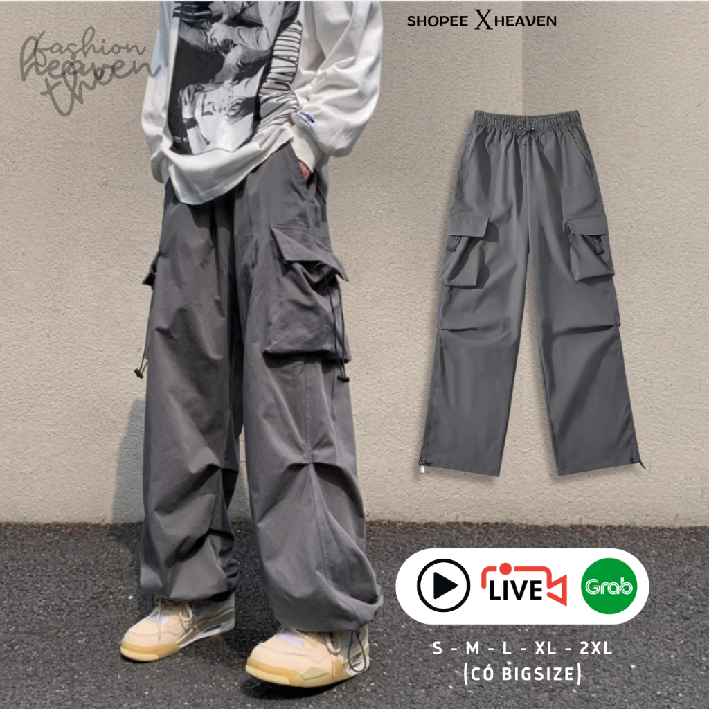 Quần túi hộp ống rộng nam nữ The Heaven kaki cotton,dây rút jogger bigzise, xám, đen, trắng, be, hồng, đỏ, xanh rêu 2024