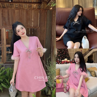  Bigsize Đầm babydoll nữ dễ thương phối tay lông đính nơ 55-95kg 