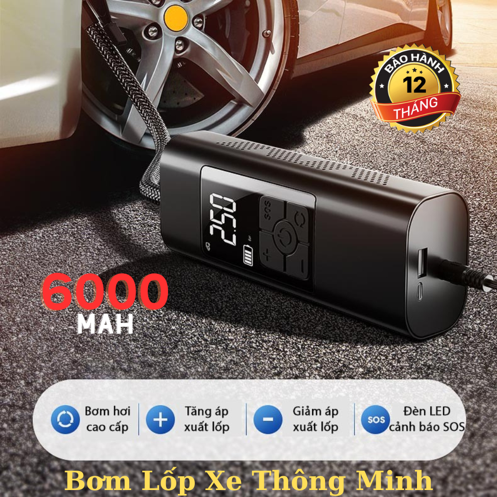 Máy bơm hơi ô tô xe máy mini, Bơm lốp ô tô thông minh, không dây sạc pin kiêm sạc dự phòng bảo hành 12 tháng lỗi 1 đổi 1