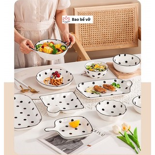 Bát đĩa sứ hoạ tiết chấm bi, bát cơm, chén cơm chấm bi sang trọng, bát có tay cầm, đĩa sứ dài, bát vuông, bát chấm bi