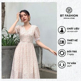 Đầm hoa babydoll cổ chữ V thắt nơ lưng chất vải hoa xốp - Lili dress (BT103)