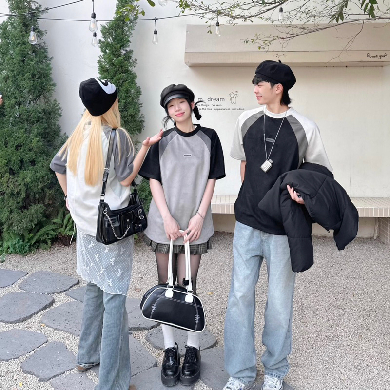 Áo thun tay lỡ vải da lộn DATO màu ĐEN/XÁM - áo phông phối màu form rộng unisex nam nữ/ Jaystoree | BigBuy360 - bigbuy360.vn