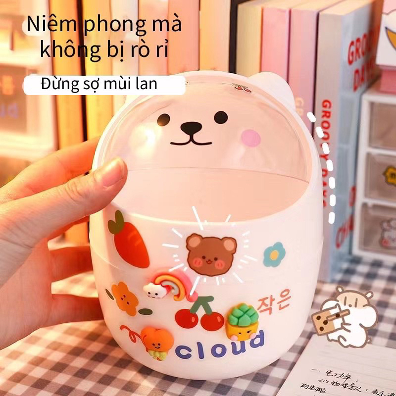 Thùng rác mini có nắp hình Gấu có thể đựng bút phụ kiện đa năng nhỏ gọn không chiếm diện tích