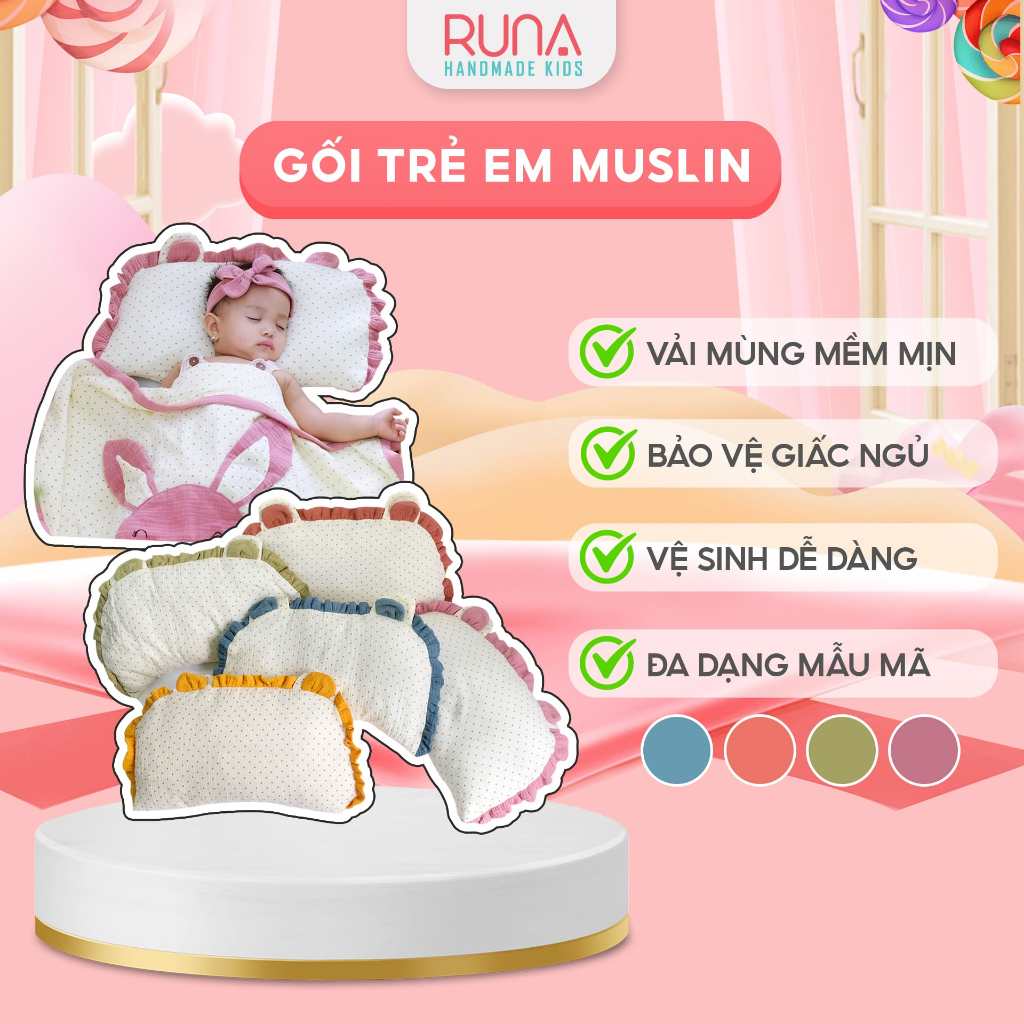 Gối nằm trẻ em Runa Kids chất liệu Muslin êm ái cao cấp thoáng khí an toàn cho bé có thể tháo rời vỏ, thêm bớt gòn