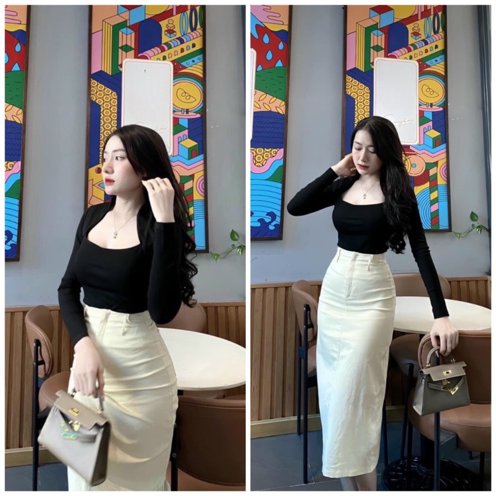Sét đồ nữ áo thun tay dài cổ rộng mix chân váy ôm tôn dáng thích hợp mặc đi chơi đi tiệc