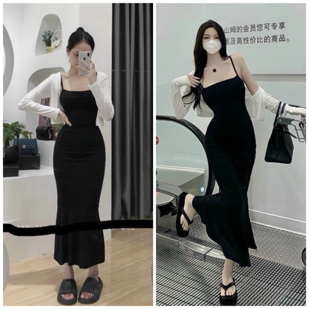Sét đầm hai dây chất thun dáng dài đuôi cá mix khoác tay dài tôn dáng thích hợp mặc đi chơi đi dạo phố