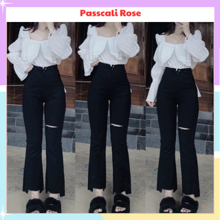 Quần jean bò ống loe rách gối cho nữ, quần hoạ tiết cắt gấu thời trang xinh xắn trẻ trung