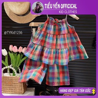 Quần áo trẻ em, quần áo hè bé gái, set 2 dây thô mềm họa tiết caro cho bé 9-27kg s1236 | tiểu yến kid