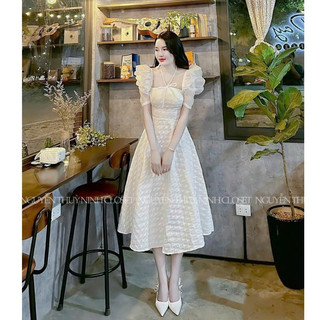 Đầm thời trang nữ dự tiệc sang trọng chất gấm cổ vuông tay búp dáng váy xoè dài maxi trẻ trung nữ tính