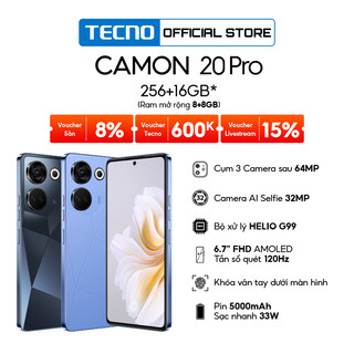 Điện thoại tecno camon 20 pro 8gb/256gb camera 64mp+32mp |helio g99 | 5000mah/ 33w |6.7''