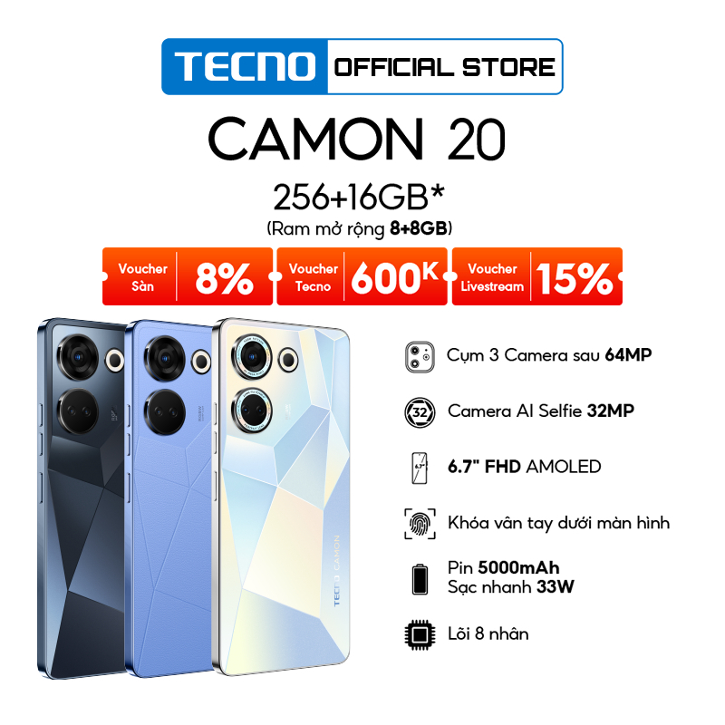 Điện thoại Tecno CAMON 20 8GB/256GB - Camera 64MP+32MP | 5000 mAh | Sạc nhanh 33W