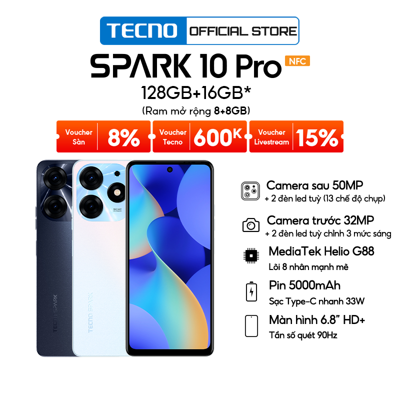 Điện thoại Tecno SPARK 10 Pro 8GB/128GB - Helio G88 | 5000 mAh | Sạc nhanh 18W