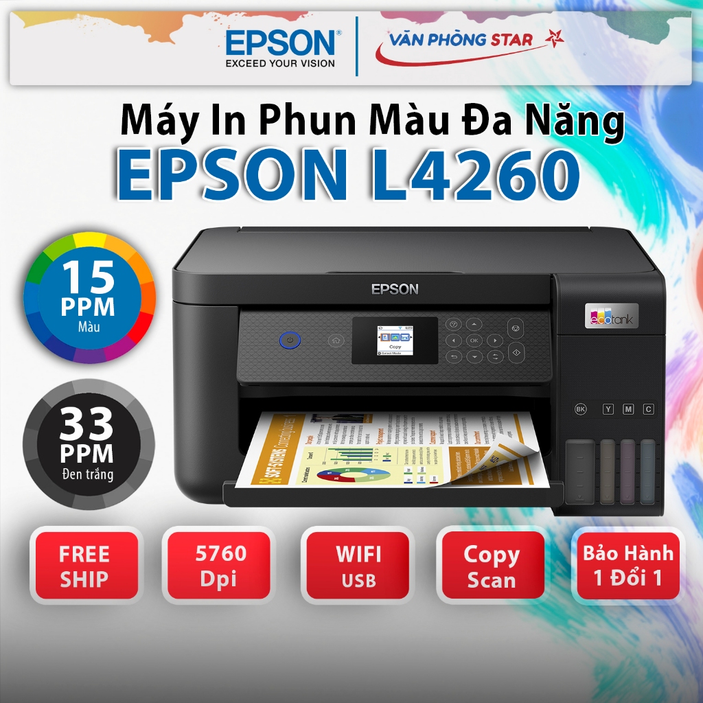 Máy in phun màu Epson Đa chức năng Ecotank L4260 - In đảo mặt - Wifi Print/ Copy/ Scan chính hãng