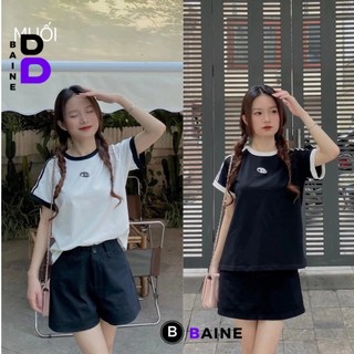 Áo thun Babetee cotton form ôm sọc vai in Logo chữ B