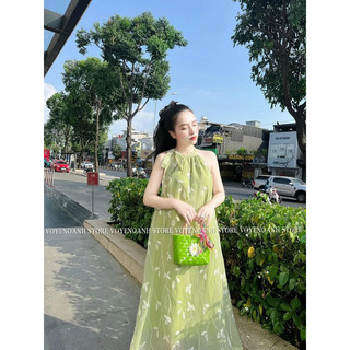 Đầm maxi cổ yếm váy hoa nhí vintage váy đi biển sexy midi Kèm hình thật Đầm maxi tơ hoa