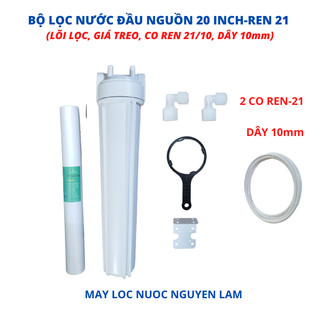 Bộ Lọc Nước Đầu Nguồn 20 inch - Ren 21 & Phụ Kiện (Lõi Lọc, Giá treo, 2 Cút Nối Ren 21/10, Dây 10mm)