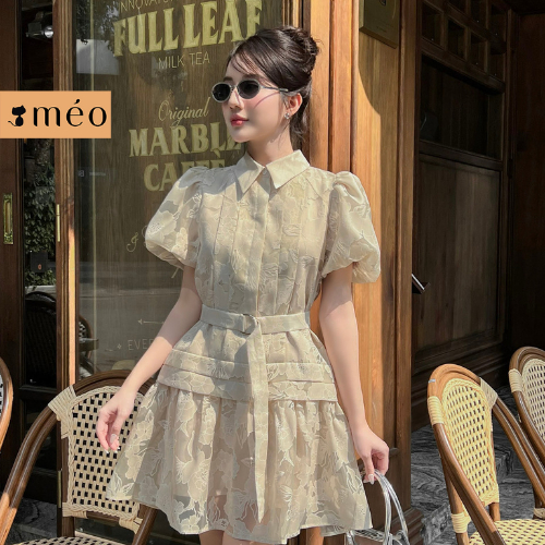 Váy liền nữ Méo shop dáng ngắn cổ sơ mi tay bồng phối đai eo Diarie