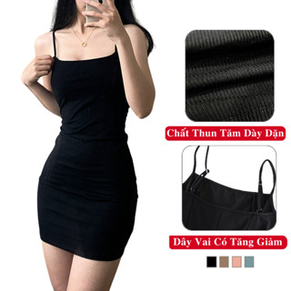 Váy Body 2 Dây Ngắn Midi Dây Có Nút Tăng Giảm Madela Vải Thun Gân Co Giãn, Đầm Body 2 Dây Ngắn Dáng Ôm.