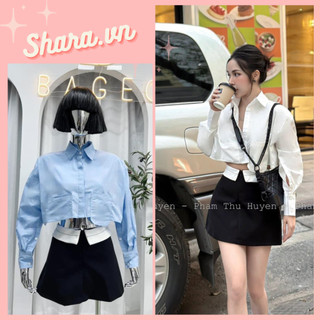 Set bộ sơ mi dài tay croptop 2 túi mix chân váy lật cạp set áo sơ mi màu trơn kèm chân váy chữ a siêu xinh shara