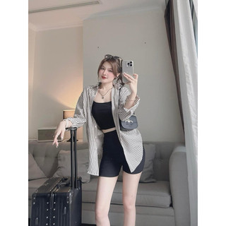 Set khoác sơ mi sọc + áo croptop 2 dây + quần short legging biker ôm đen