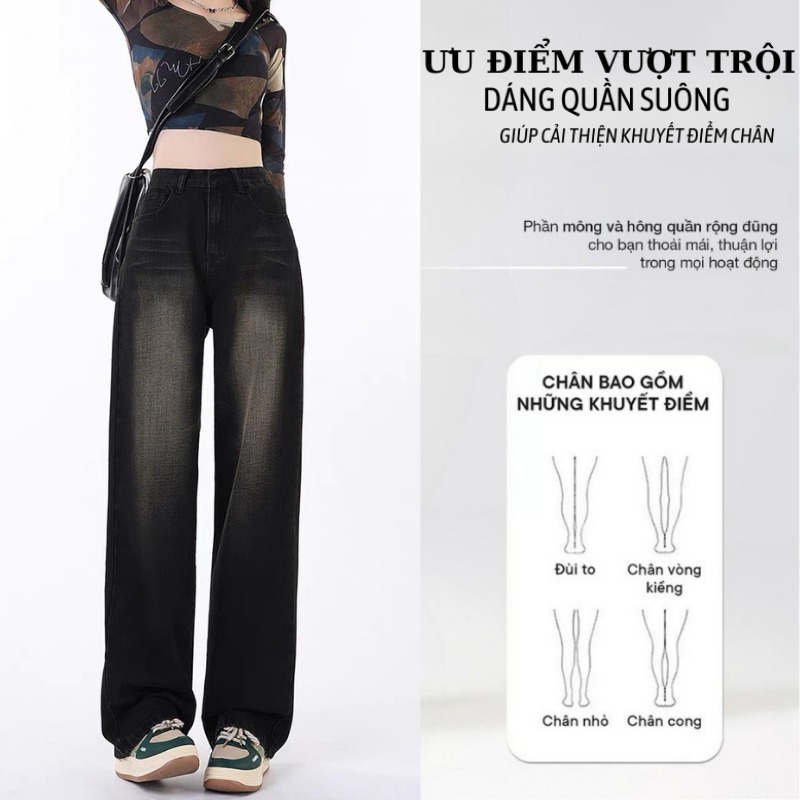 Quần jean nữ ống suông rộng Cạp Cao DAISY ,quần bò jeans nữ màu đen ống rộng phong cách RETRO Ulzzang 2023 | BigBuy360 - bigbuy360.vn