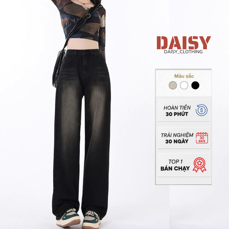 Quần jean nữ ống suông rộng Cạp Cao DAISY ,quần bò jeans nữ màu đen ống rộng phong cách RETRO Ulzzang 2023 | BigBuy360 - bigbuy360.vn