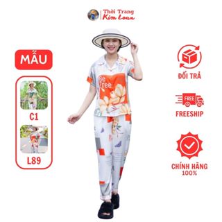 [C1,L89] - Đồ bộ Pijama nữ tay ngắn màu xanh, cam phối hoạ tiết hoa lá, chất liệu lụa latin cao cấp