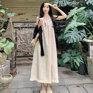 Đầm maxi hai dây dáng suông sành điệu, Váy maxi hai dây viền tua rua mặc đi du lịch Hàn Quốc 9954