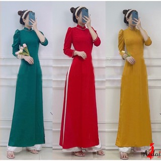Áo dài truyền thống lụa tây thi tay bồng cổ cao cổ và tay đính kết ngọc đẹp
