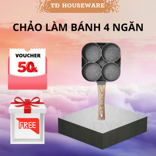 Chảo Chiên Rán Trứng Làm Bánh 4 Ngăn 4 Lỗ Chống Dính - Khuôn Chảo Chống Dính Tay Cầm Gỗ 4 ngăn nấu được mọi loại bếp