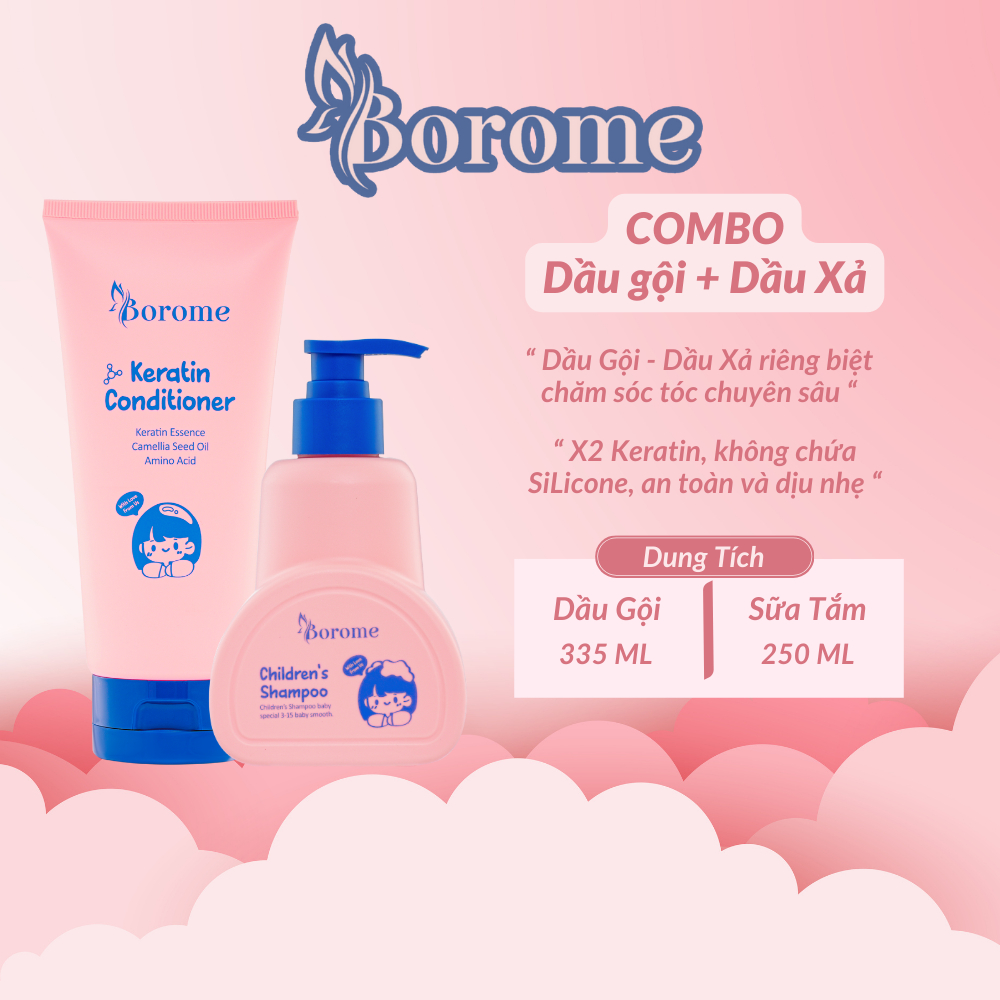 Combo dầu gội + dầu xả trẻ em Borome gấp đôi Keratin giúp tóc suôn mượt, chắc khỏe, dung tích 335ml