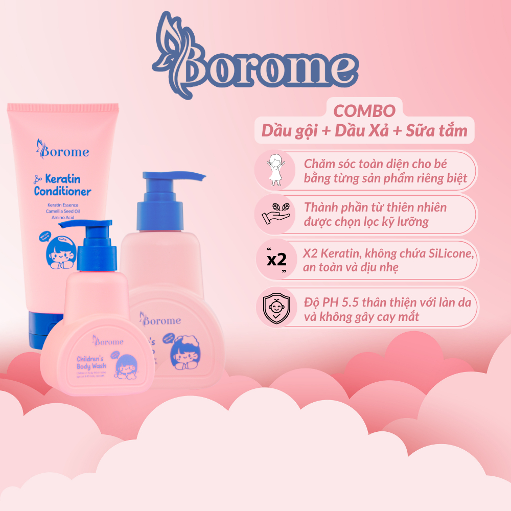 Dầu gội, dầu xả, sữa tắm trẻ em Borome thành phần lành tính, chăm sóc tóc và da của bé luôn khỏe mạnh