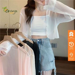 Áo Khoác Len Dệt Kim Xuyên Thấu, Áo Khoác Cadigan Dáng Croptop 4 Màu 2 Hàng Khuy Ngọc Phong cách Qccc Siêu Xinh Orangec