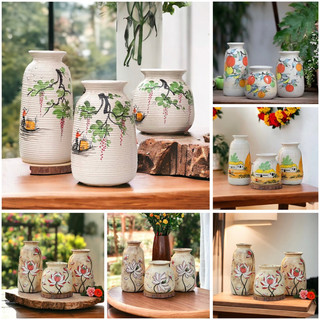Bộ 3 bình hoa gốm Bát Tràng, dáng vai vuông, cao 14cm/20cm/24cm phù hợp decor phòng khách trang trí nhà cửa
