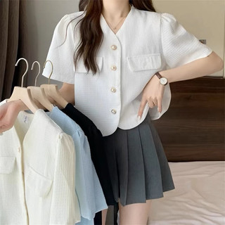 Áo sơ mi nữ áo kiểu cổ V ngắn tay phong cách Hàn Quốc