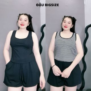 Set bộ bigsize nữ áo 2 dây bản to cổ chữ U kèm quần đùi ống rộng lưng thun chất gân tăm mềm mịn  - SET25