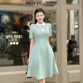 Đầm dự tiệc Nhật Vy cổ tròn đính nút cách điệu form dáng xoè tay ngắn chất lụa phù hợp đi chơi dạo phố công sở - D2978