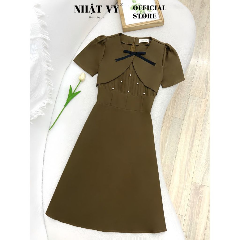 Đầm công sở Nhật Vy cổ tròn tay ngắn đính ngọc dáng xoè chất liệu lụa phù hợp đi làm dự tiệc dạo phố tiểu thư - D2972