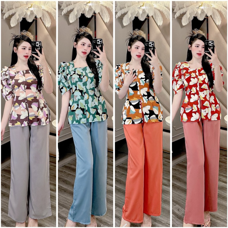 BỘ BÀ BA LỤA HOA 3D CỔ VUÔNG