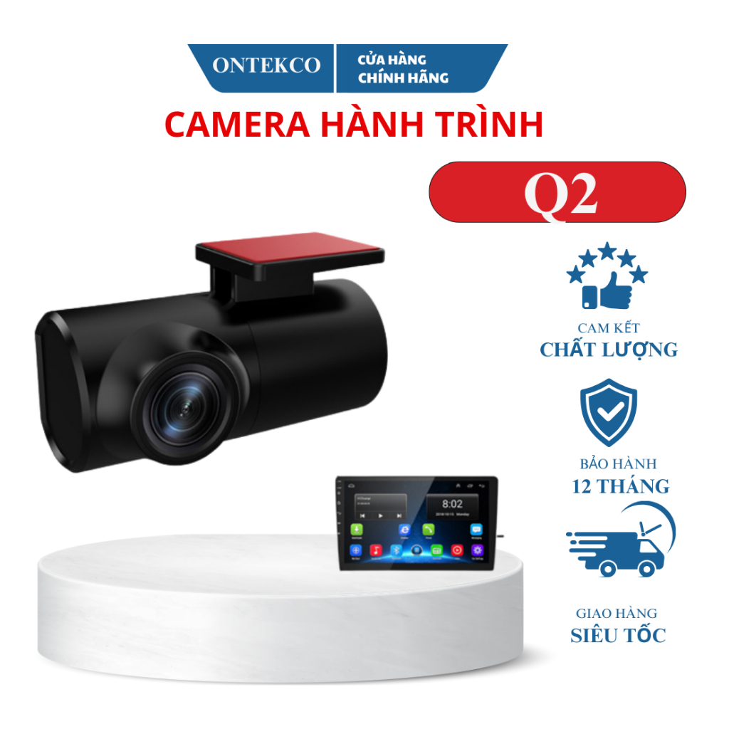 Camera hành trình Ontekco Q2 độ phân giải cao nhỏ gọn 1080p xoay 360 độ công nghệ ADAS, màn hình Android góc nhìn rộng.